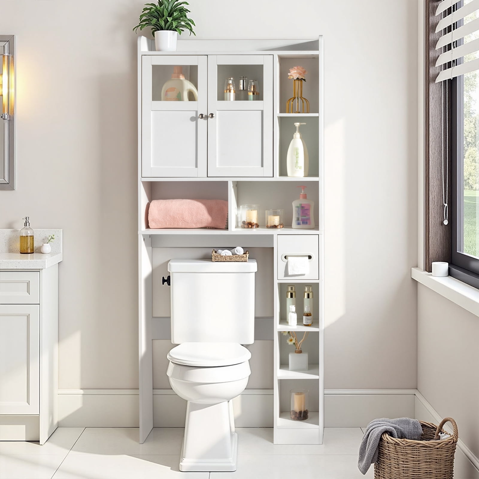 2 Door Bathroom Cabinet, Adjustable Panels, 1 Drawer and 3 Side Shelves, White