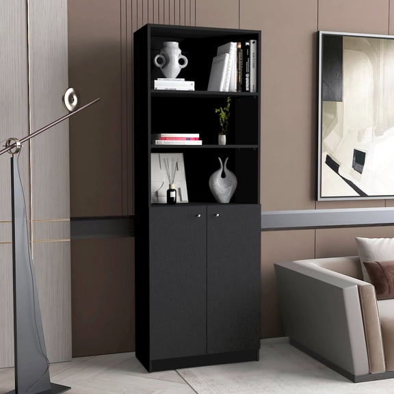 2-Door Black Decorative Bookcase | Concealed Shelves in Main Areas, Open Display for Literature | Wood Material | Simple Assembly with Provided Manual
