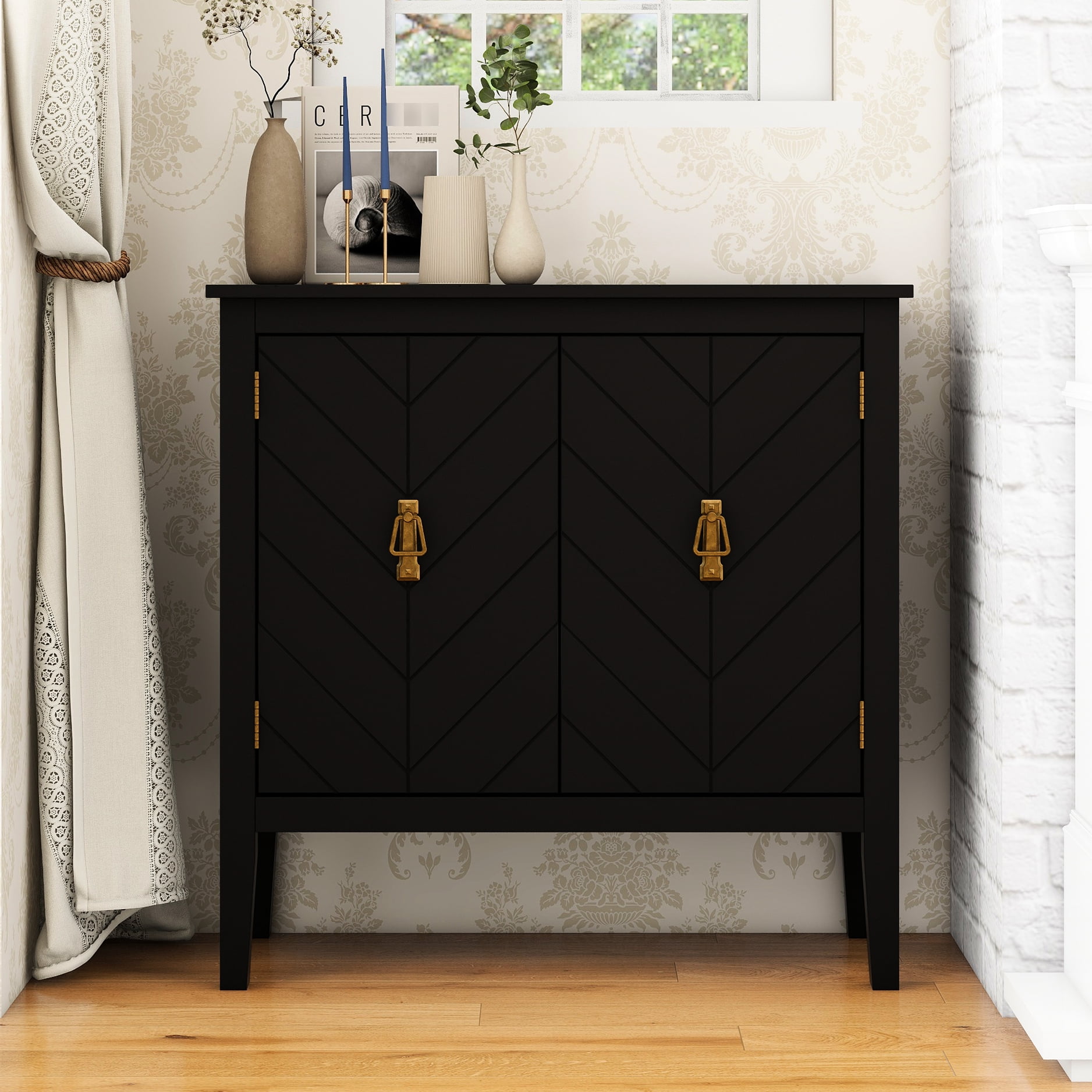 2 Door Black Wooden Cabinet, Vintage Style Sideboard For Office ...