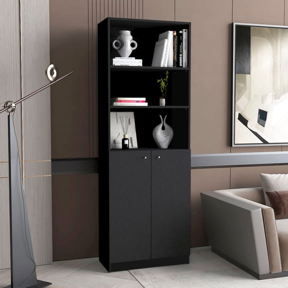 2-Door Bookcase, Black Color | Concealed Storage in Family Rooms, Open Display for Keepsakes | Wood Construction | Stress-Free Assembly Process