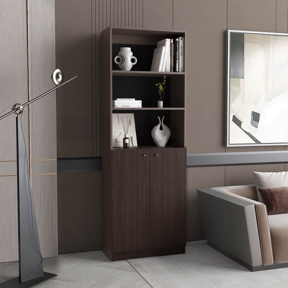 2 Door Bookcase with Concealed Storage and Open Shelves, Stained Walnut Tall Cabinet for Living Room Home Office
