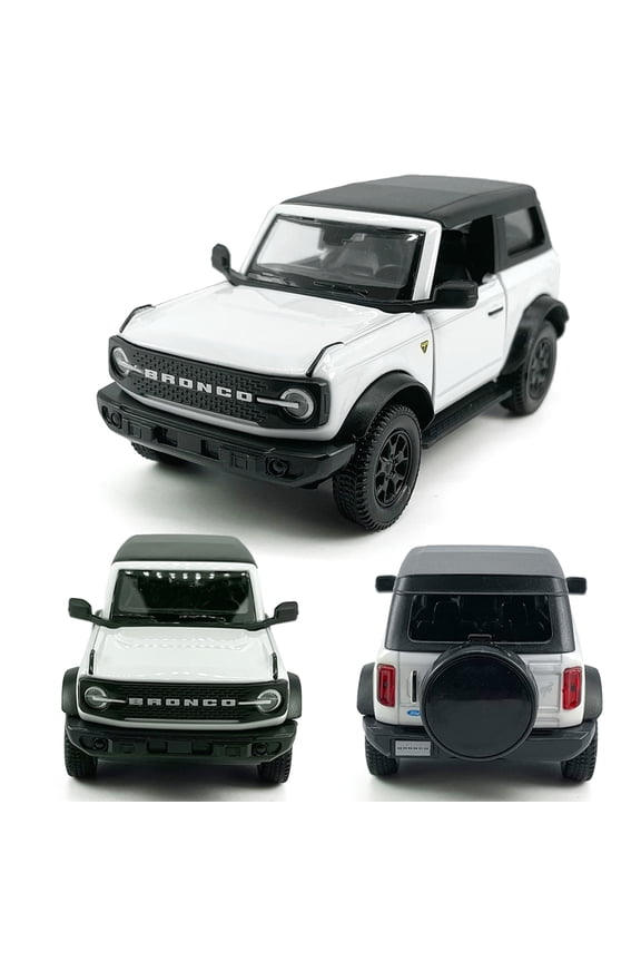 2-Door Bronco Model Car 1/36 Scale Diecast Toy Cars Metal Alloy Children’s Die-cast Vehicles, Pull Back Doors Open, Black Rim, Mens Collection, Kids Toys for Boys Gifts, Cake Topper Home Décor, white