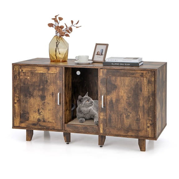 2-Door Cat Litter Box Enclosure with Winding Entry and Scratching Board-Brown, Cat Litter Box Enclosure , Hidden Cat Washroom Furniture, Pet Crate for Living Room, Bedroom, Balcony