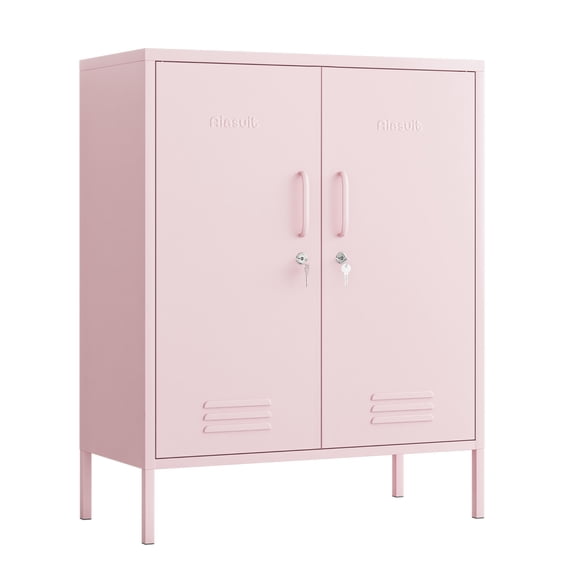 2 Door Lockable Metal Storage Cabinet - 3-Tier Heavy Duty, Multifunctional Wide Locker with Removable Shelves, Easy Assembly - Ideal for Home, Office, Entryway & Hallway Pink
