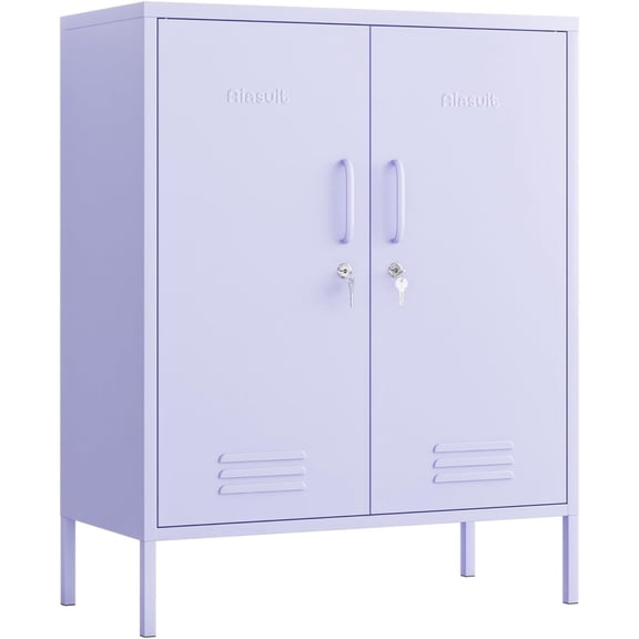 2 Door Lockable Metal Storage Cabinet - 3-Tier Heavy Duty, Multifunctional Wide Locker with Removable Shelves, Easy Assembly - Ideal for Home, Office, Entryway & Hallway Purple