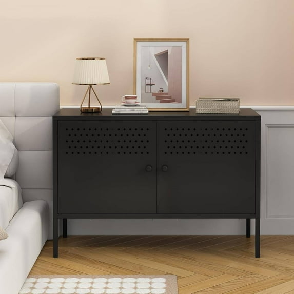 2 Door Metal Accent Cabinet, 29" H Metal Locker Accent Storage Cabinet, Sideboard Cabinet with Adjustable Shelves, Black