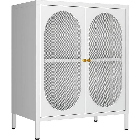 2 Door Metal Mesh Storage Cabinet with 1 Adjustable Shelves-Steel Locker Cabinet for Living Room, Bedroom, Hallway, Office Room, Home, Hotel, Kitchen, Garage, 2-Tier (Mesh Door, White)