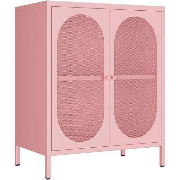 2 Door Metal Mesh Storage Cabinet with 1 Adjustable Shelves-Steel Locker Cabinet for Living Room, Bedroom, Hallway, Office Room, Home, Hotel, Kitchen, Garage, 2-Tier (Mesh Door, Pink)