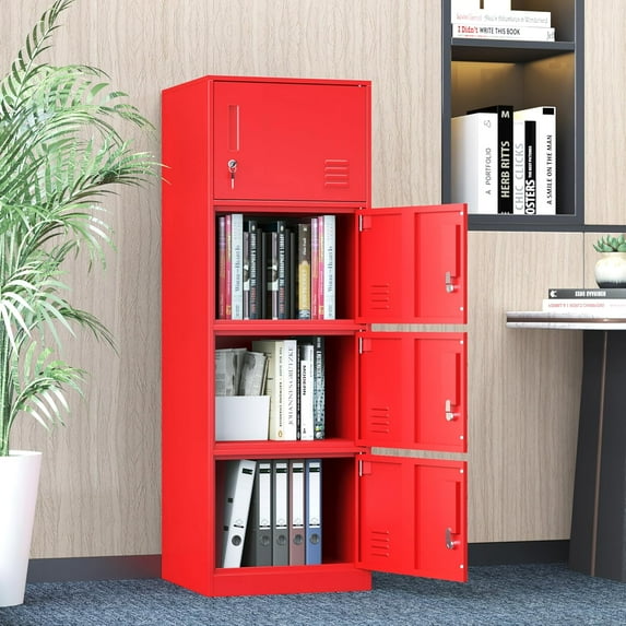 2 Door Metal Storage Cabinet,Standing Organzier for Bed Room,Living Room,Home,Hotel,Office,Garage,Kitchen (4 Door, Red)