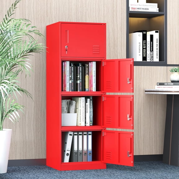 2 Door Metal Storage Cabinet,Standing Organzier for Bed Room,Living Room,Home,Hotel,Office,Garage,Kitchen (4 Door, Red)
