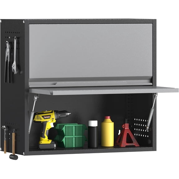 2 Door Metal Wall Cabinet, Garage Wall Cabinet with Up-Flip Door, 25.6" H Wall Mounted Metal Storage Cabinet for Garage,Basement,Ware House Assembly Required