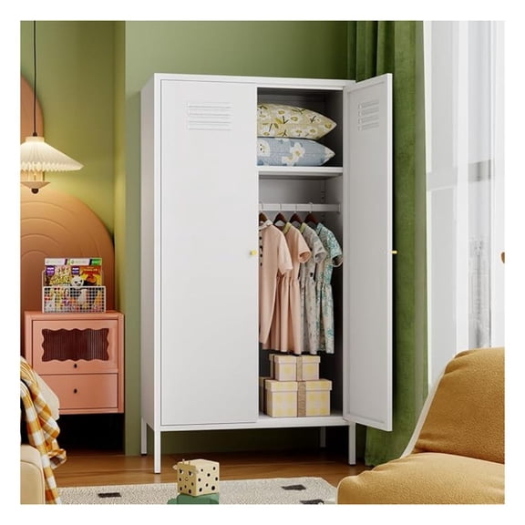 2 Door Metal Wardrobe,Classified Storage Tall Storage Cabinet with Hanging Rod&2 Freely Adjustable Shelves, Metal Armoire Closet for Kids Bedroom, Laundry Room,Home (Storage Cabinet, White)