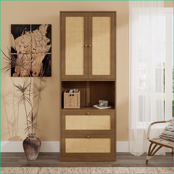 2-Door Rattan Bookshelf Storage Cabinet with 3 Drawers & USB Port | Walnut | Pine