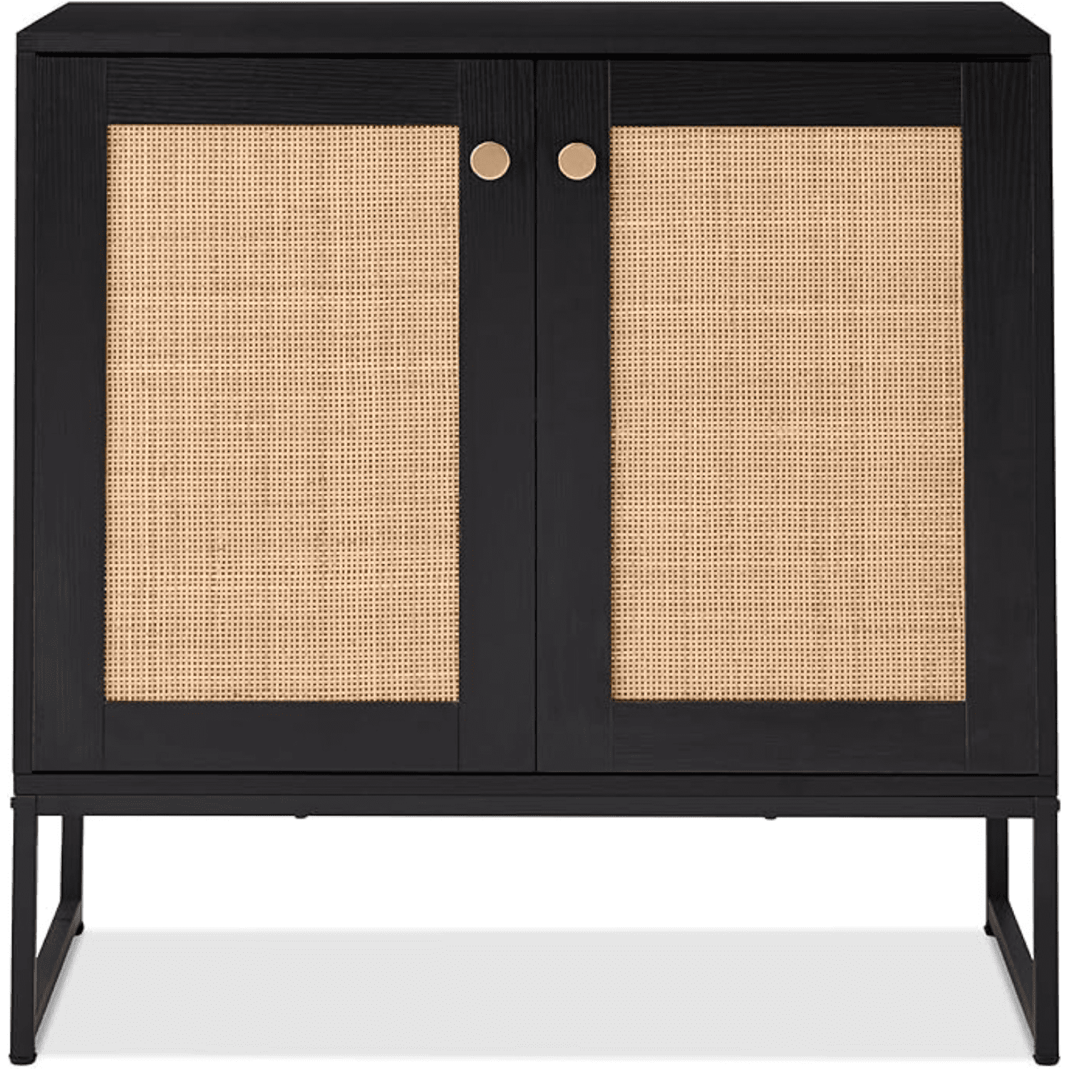 Black and Rattan 2-Door Storage Cabinet with Elevated Legs