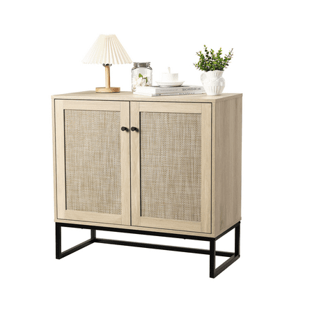 2-Door Rattan Storage Cabinet in Light Oak & Black | Farmhouse Sideboard with Natural Weave Detail for Modern Living Spaces