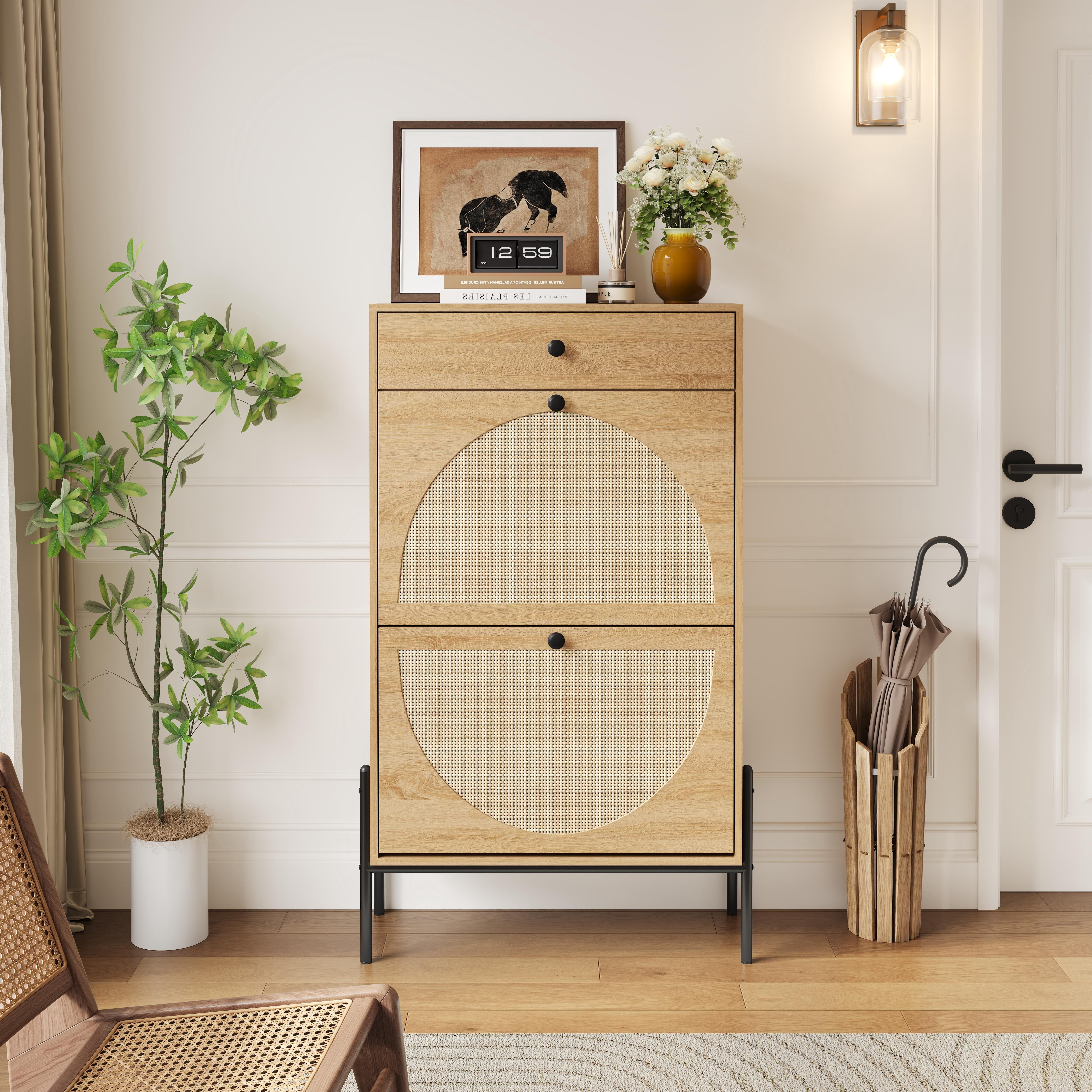 Freestanding 2-Door Shoe Storage Cabinet with Rattan Fronts & Drawer, Wood
