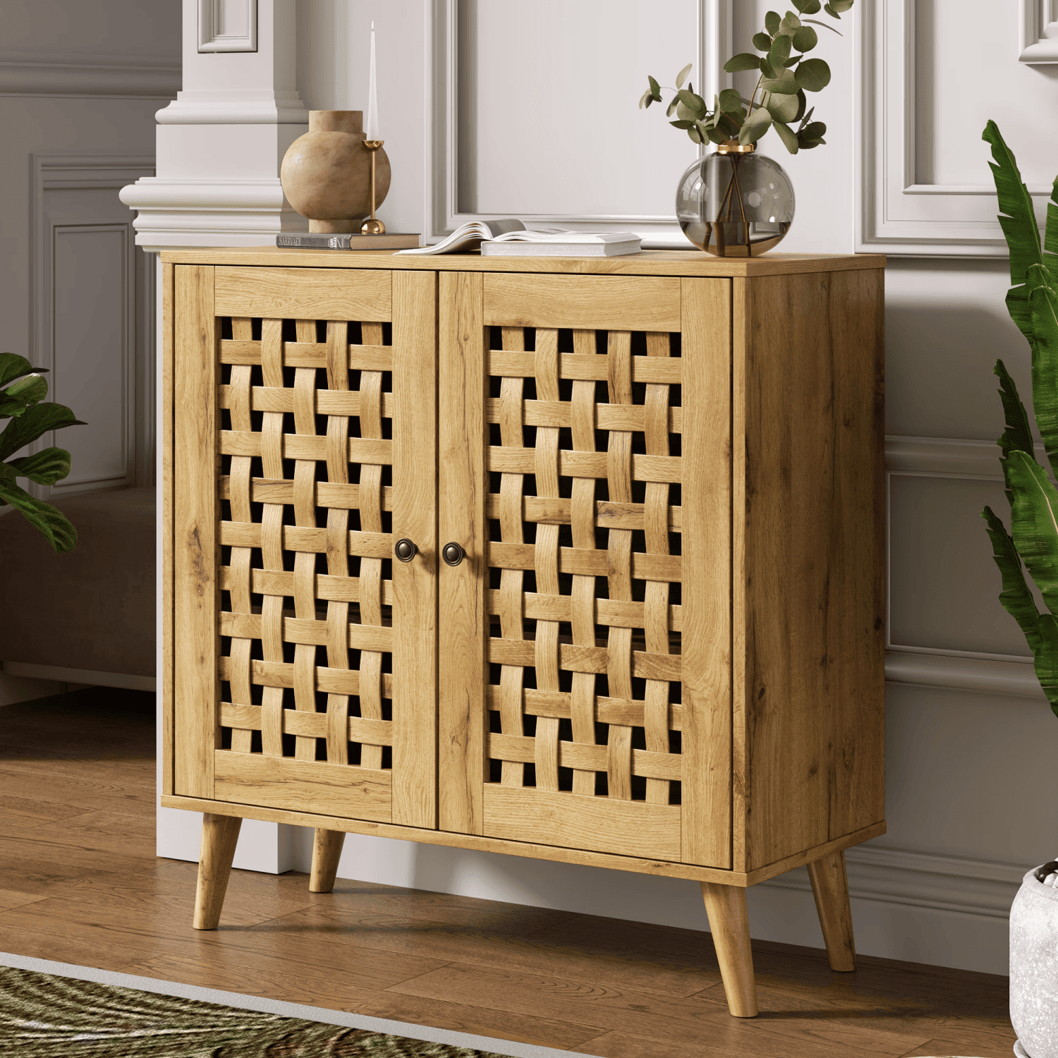 2-Door Storage Cabinet with Basket Weave Ventilated Doors, Vintage Buffet Sideboard with Adjustable Shelves, Coffee Bar Cabinet for Dining Room Entryway Living Room