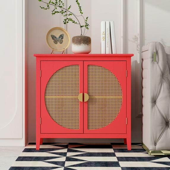 2 Door Storage Cabinet with Natural Rattan Weaving, Side Standing Cabinet with Golden Semicircular Metal Handle, Entrance Table Cabinet with Inner Shelves for Living Room Bedroom Study Room, Red