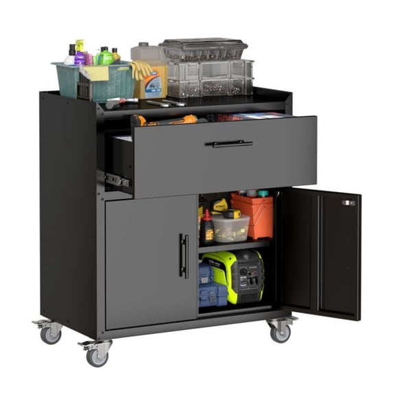 2 Door Tool Cabinet, Rolling Garage Storage Locker with Drawer, Lockable Metal Tool Chest with Wheels, Heavy Duty Steel Cabinet for Workshop, H35.4" x W30.3" x D18"
