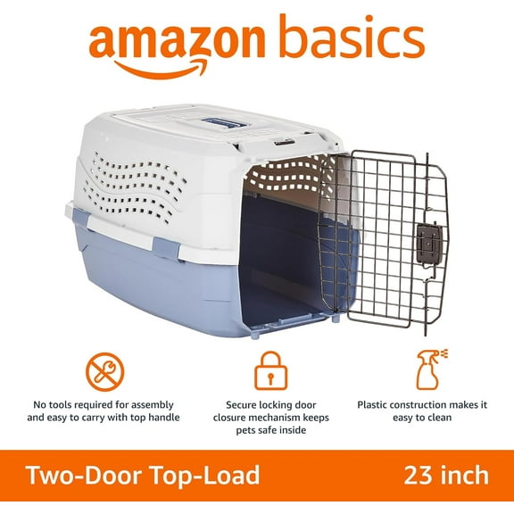 2-Door Top-Load Hard-Sided Pet Travel for Cats & Dogs, Gray & Blue