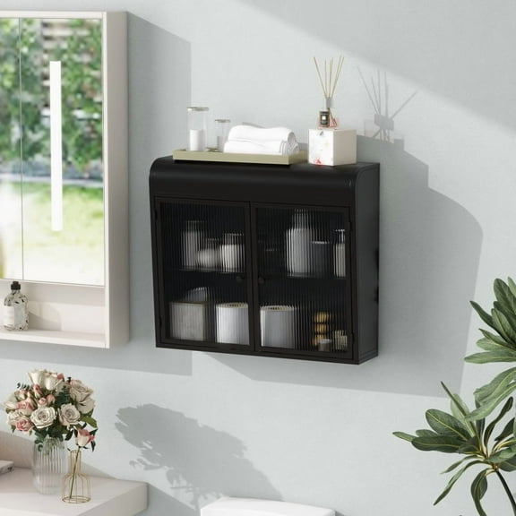 2-Door Wall-Mounted Metal Storage Cabinet with Tempered Glass Doors & Shelves for Bathroom, Kitchen, Living Room & Office   WL