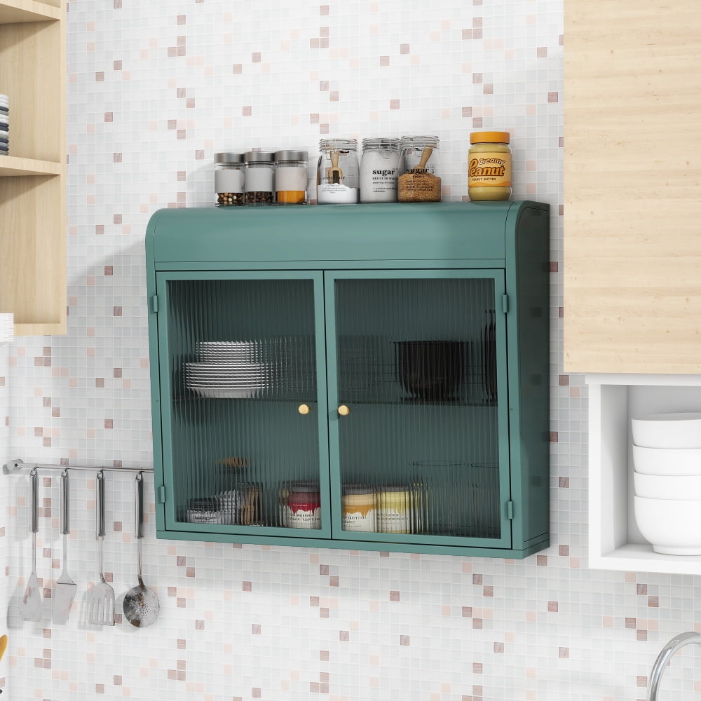 2-Door Wall-Mounted Storage Cabinet with Tempered Glass Doors and Shelves, Metal Frame Rust-Resistant for Bathroom, Kitchen, Living Room, Office