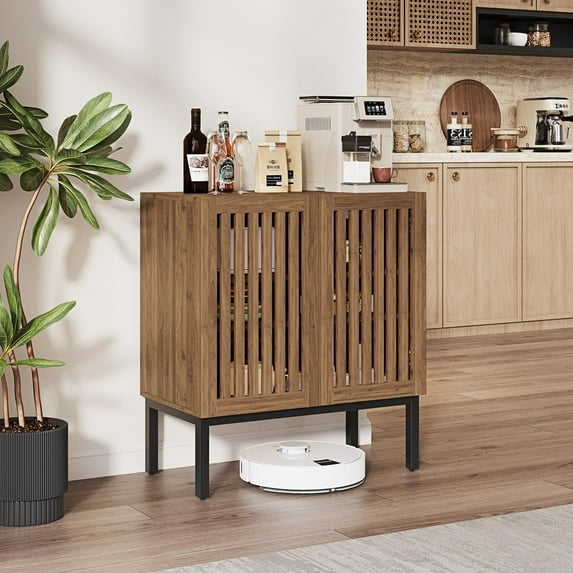 2-Door Walnut Buffet Cabinet with Adjustable Shelves, Modern Storage Cabinet with Slatted Doors and Rebound Door Stopper, Console Table with Metal Legs for Living Room, Kitchen, Entryway, Hallway