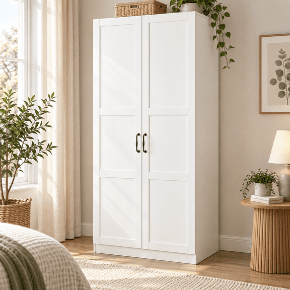 2 Door Wardrobe Armoire with Hanging Rod and Interior Shelf, Freestanding Wooden Clothes Storage Cabinet for Bedroom
