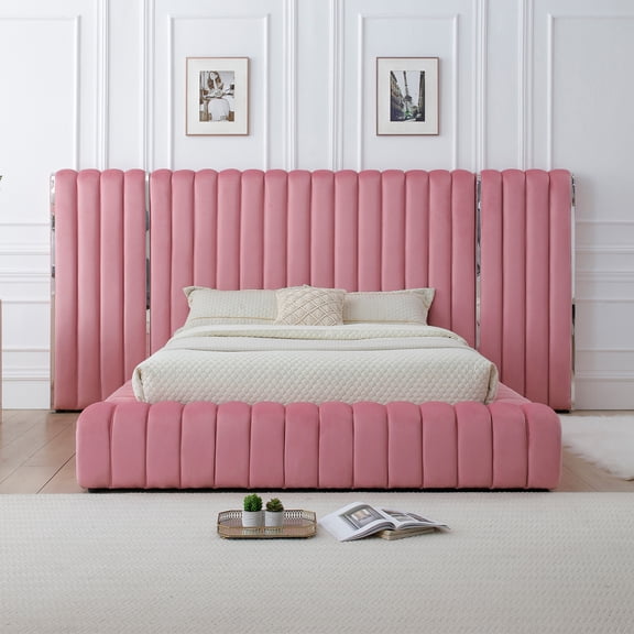Avalon Velvet Upholstered King Platform Bed with Wings in Pink