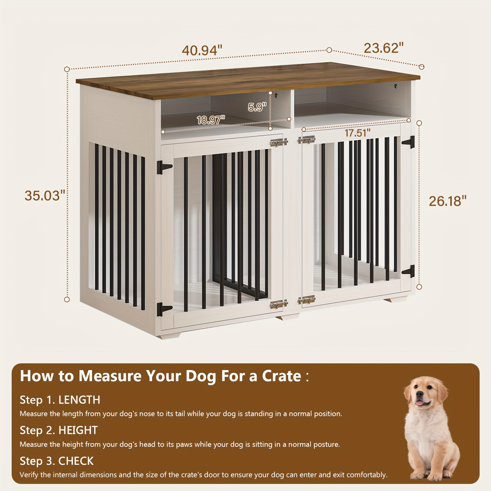 2-Door White Dog Crate with Black Metal Bars & Shelves - Large Indoor ... - Customizable Dog Crate Storage Shelves