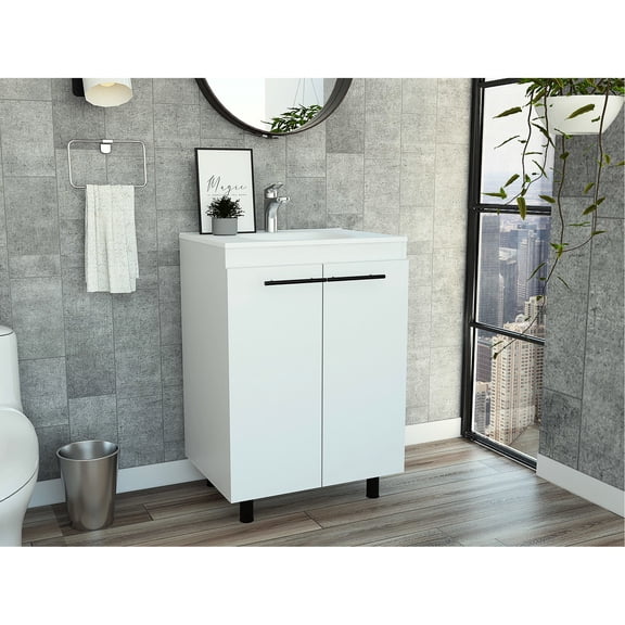 2-Door White Vanity / One-Hole Drop-In Sink for Counter / Spa Room