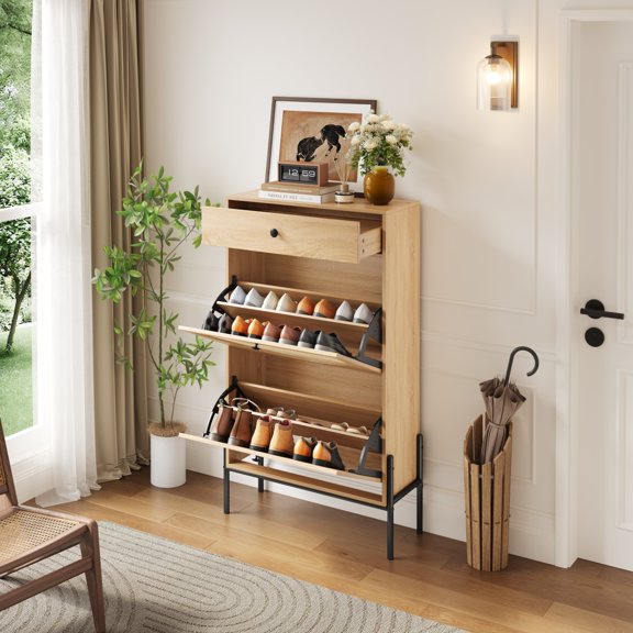 2-Door Wood Shoe Storage Cabinet with Rattan Fronts & Drawer, Freestanding Entryway Organizer with Adjustable Shelf