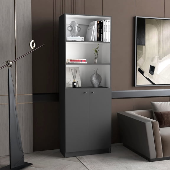 2-Door Wooden Bookcase | Double-Door Concealed Storage and Open Display Shelves | Gray and White Matt Finish | Easy Setup