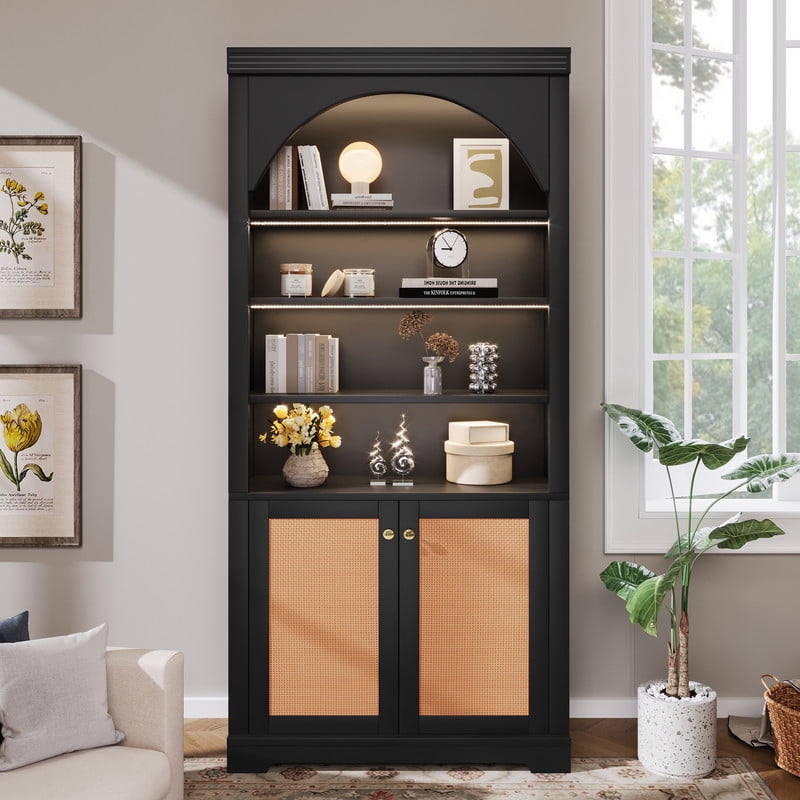 2-Door Wooden Display Bookshelf Office Hutch, Bookcase with 4-Layer LED Lighting Shelves, Storage Cabinet with Adjustable Shelf