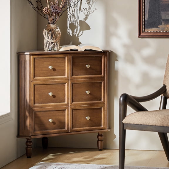 2-Door Wooden Storage Sideboard with Faux Six-Drawer Design Spindle Legs for Living Room Walnut