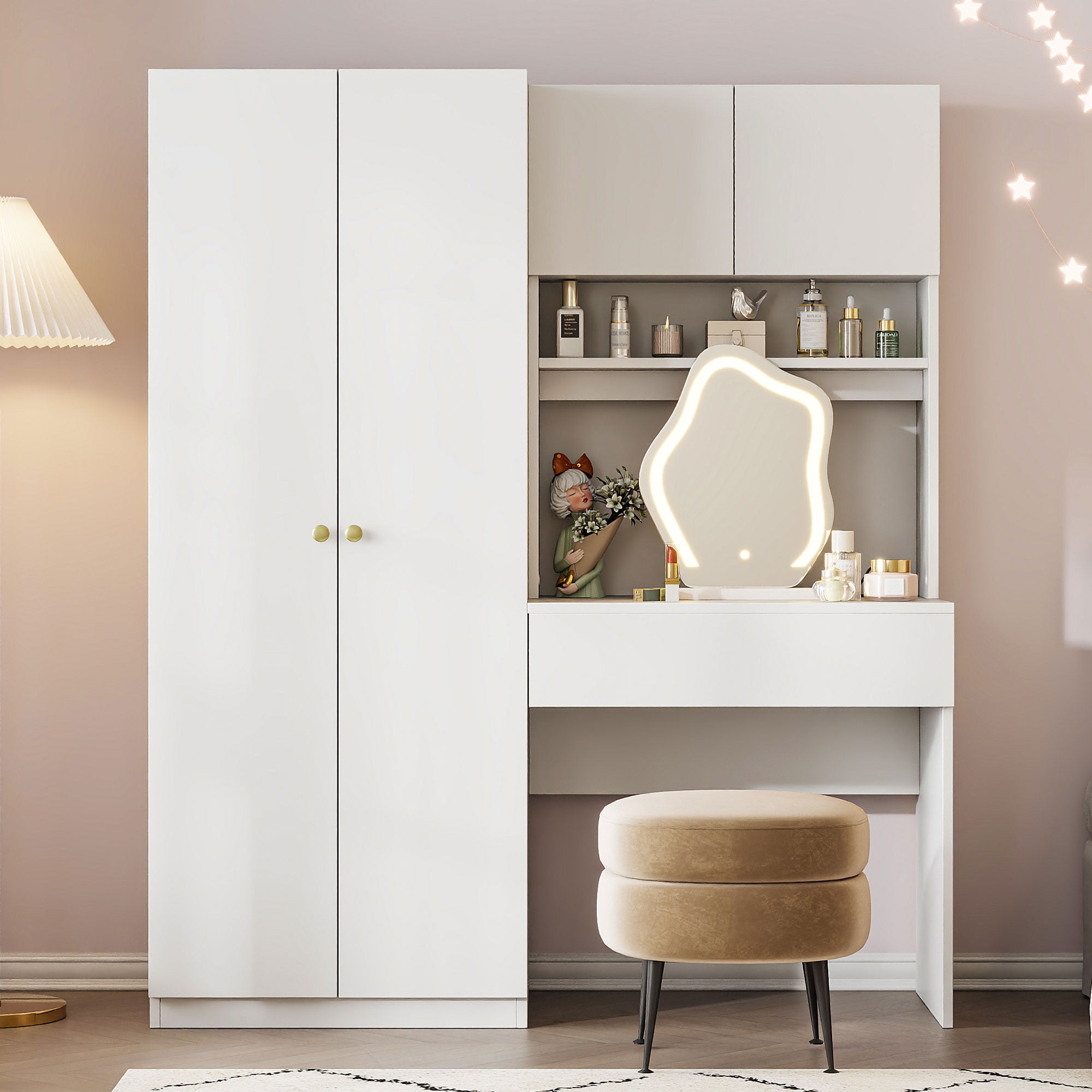 2-Door Wooden Storage Vanity Wardrobe for Bedroom with Makeup Mirror ...