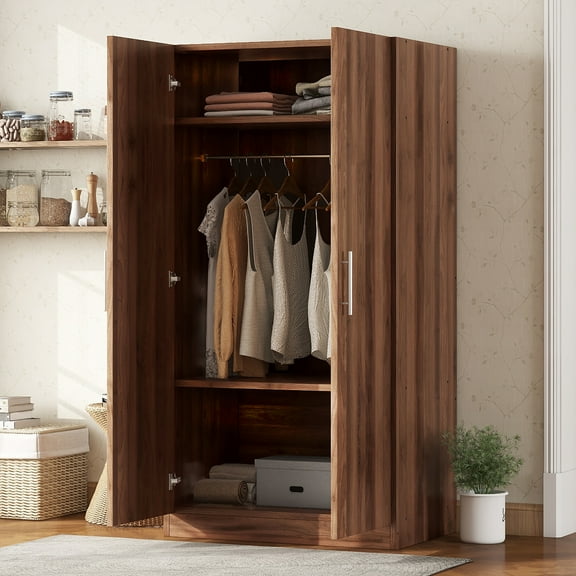 2-Door Wooden Wardrobe Armoire with 3 Storage Shelves, Brown | Classic pine cabinet with hanging rod for bedroom storage and organization