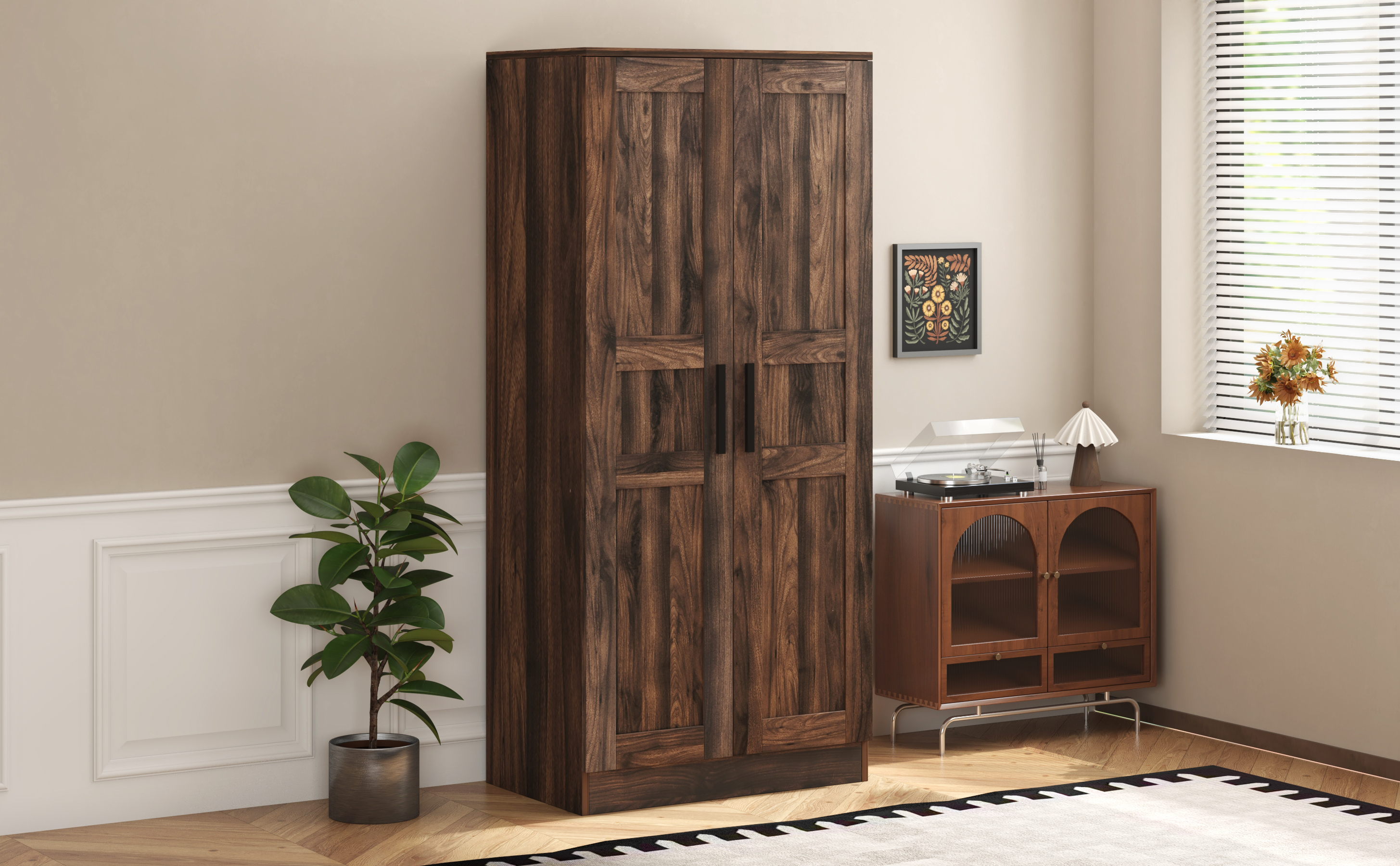2-Door Wooden Wardrobe Armoire with Led and 4 Storage Shelves,Brown