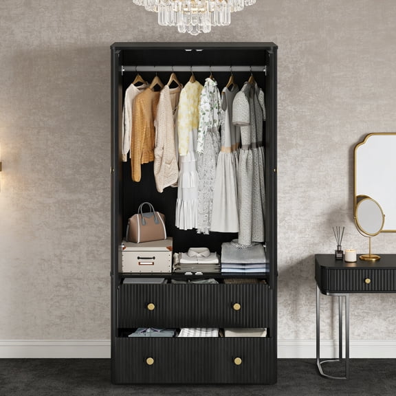2 Doors 2 Drawers Elegant Freestanding Storage Cabinet, Clothing Wardrobe with Wave Patterned Panel and Vintage Gold Handles