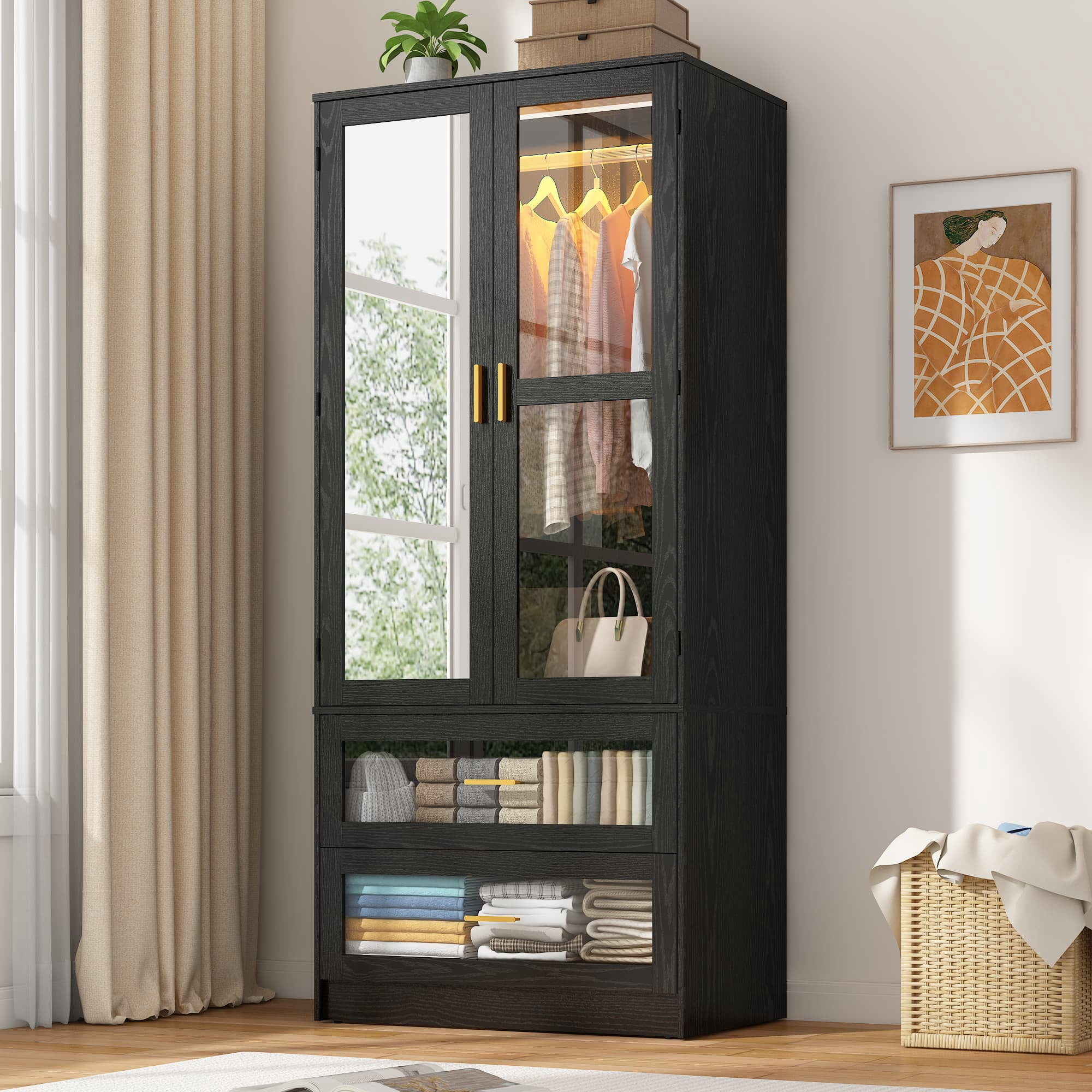 2 Doors Armoire Wardrobe Closet for Bedroom, with Mirror & 2 Drawers ...