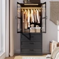thumbnail image 1 of 2 Glass Doors Armoire Wardrobe Closet with 3 Drawer & LED Light,75"H Wardrobe Closet Clothing Organizer with Hanging Rail for Bedroom, 1 of 8