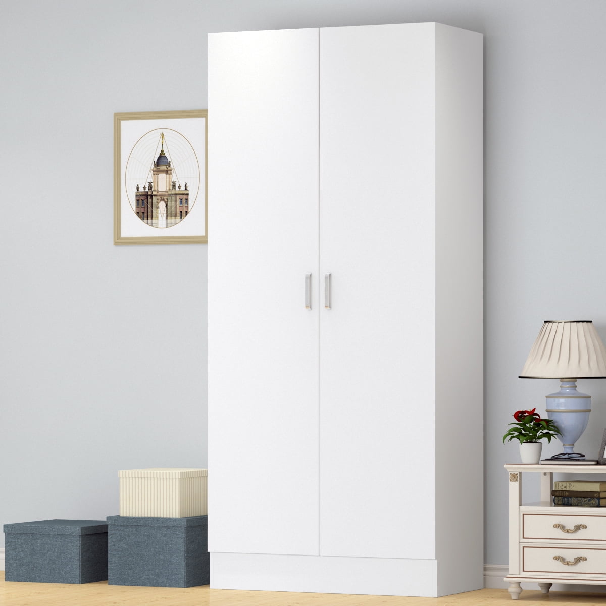 KULAGAGA 2 Doors Bedroom Armoires Wardrobe Closet Storage Organizer Compartments and Hanging Bar, White
