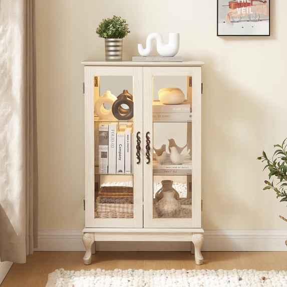 2 Doors Curio Cabinet with Tempered Glass Doors, Curio Cabinets with Mirrored Back Panel and Adjustable Shelves, Lighted Display Cabinet for Home, Office Light Bulb Included