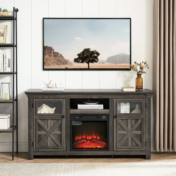 2 Doors Entertainment Console With Fireplace, Grey 61.89"w X 15.56"d 31.7"h, Cable Cutouts, Design Tv Media Cabinet 61.89"wx15.56"dx31.7"h, Ample Storage, Organized