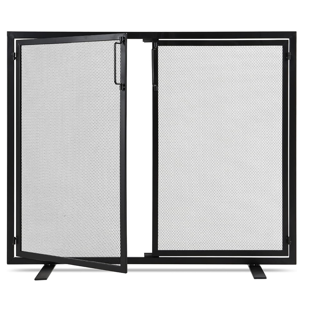 Black Wrought Iron Mesh 2-Door Fireplace Screen