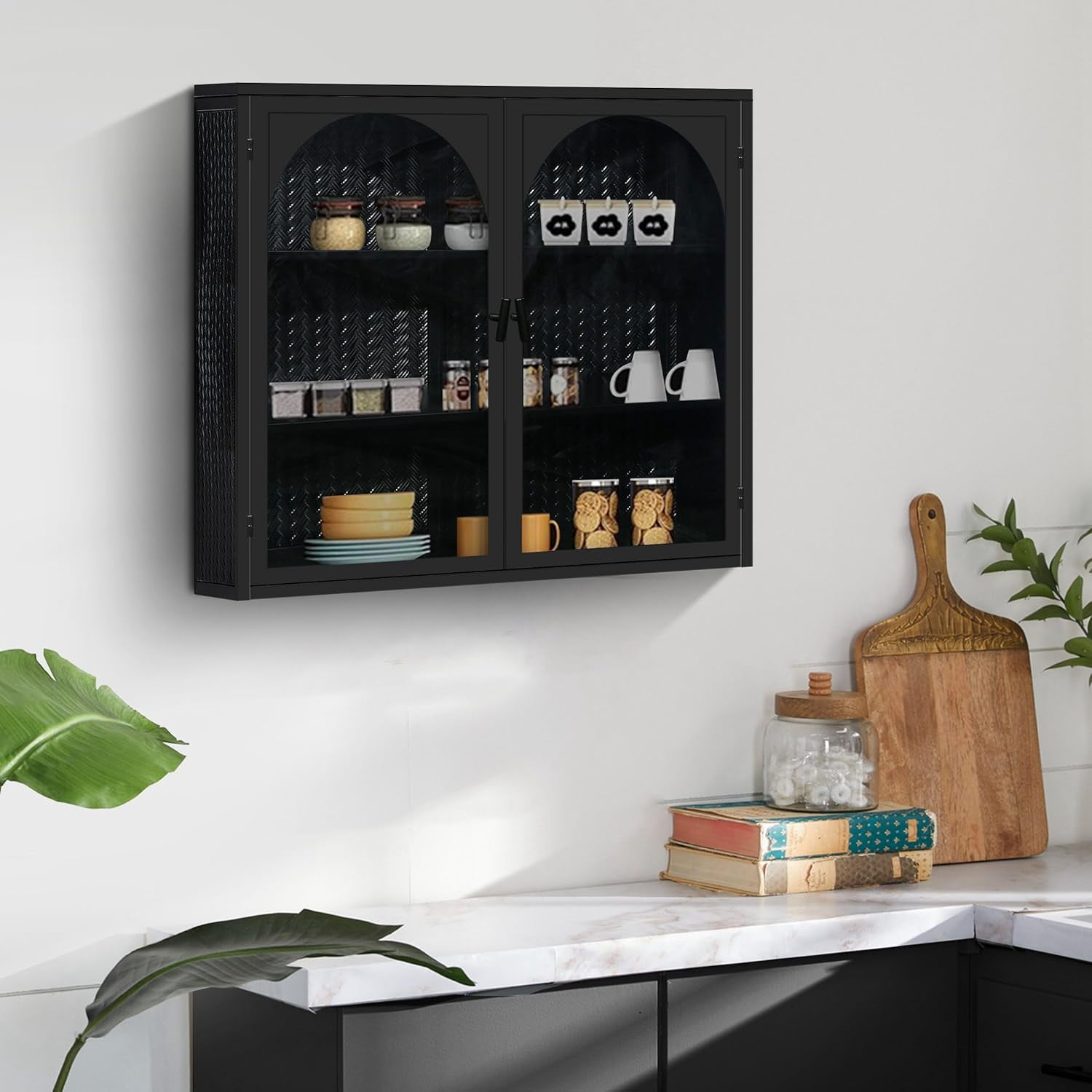 2-Doors Glass Fluted Glass Wall Cabinet, Metal Frame Hanging Cabinet ...