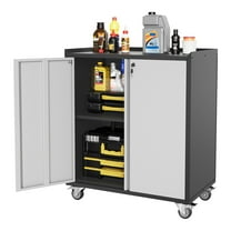 2 Doors High Garage Storage Cabinet with Wheels, Locking Steel Rolling Tools Chest with Handle, Metal Storage Cabinet with 1 Shelves for Garage, Home