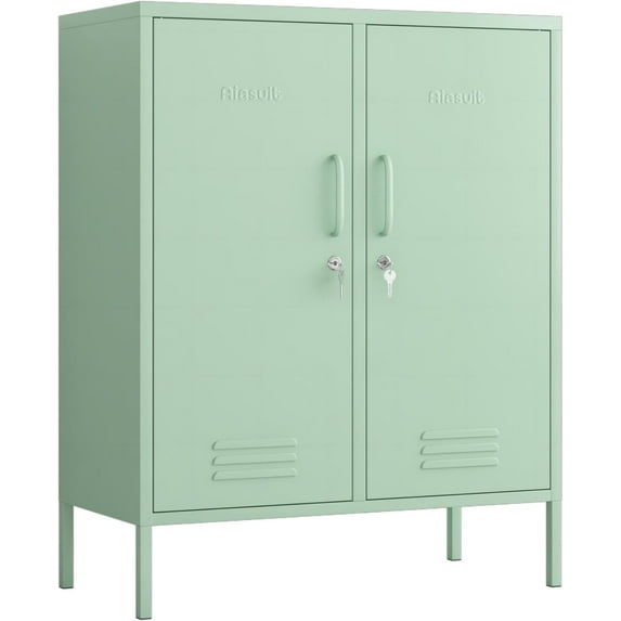 2 Doors Locker Metal Storage Cabinet 3 Tiers Shelf Multifunctional Storage Organizer Detachable Shelves Easy to Assemble Green Size: 39.37”H x 31.5”W x 14.96”D
