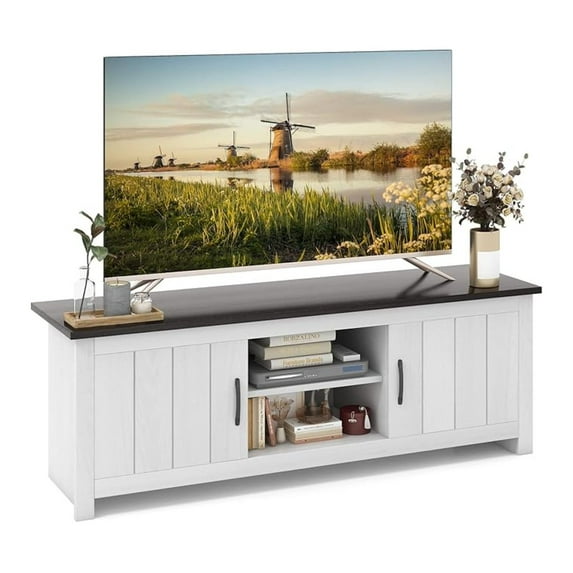 2 Doors TV Stand for TVs up to 65”, 57” TV Console Table w/ 2 Cabinets & Open Shelves, Media Entertainment Center w/ 2 Cable Management Holes, Wood TV Cabinet for Living Room (Dark Brown)