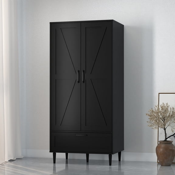 2 Doors Wardrobe Armoire Closet with Doors and Drawers, Farmhouse Wooden Armoire Storage Cabinet with Shelves & Hanging Rod for Bedroom,Black